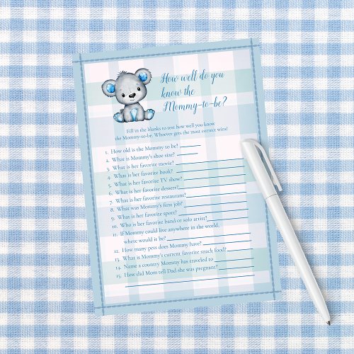 Knows Mommy Best Cute Gray Bear Boy Shower Game Invitation