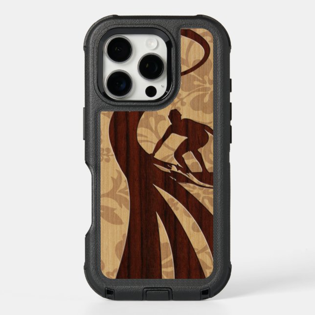 Koa Wood Surfer Faux Wood Surfboard Otterbox iPhone Case (Back)