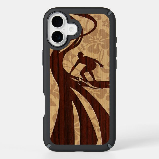 Koa Wood Surfer Faux Wood Surfboard Speck iPhone Case (Front)