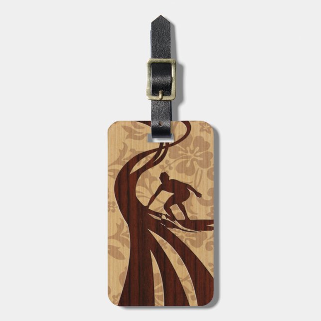 Koa Wood Surfer Hawaiian Luggage Tags (Front Vertical)