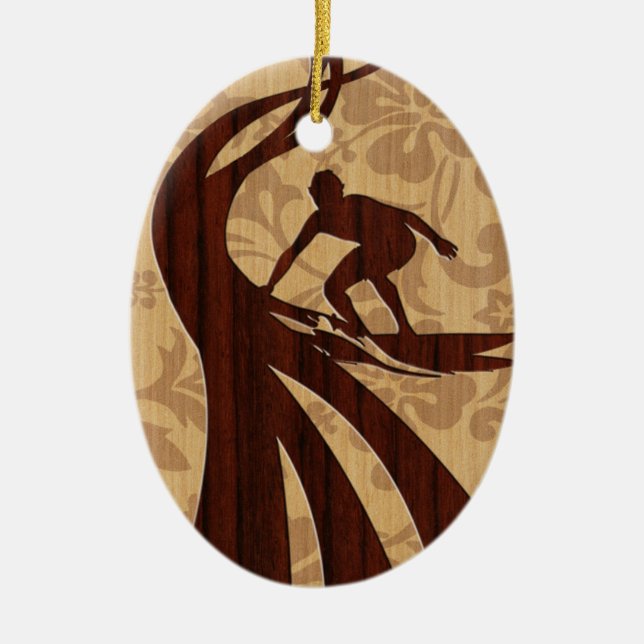 Koa Wood Surfer Surfboard Ceramic Ornament (Front)
