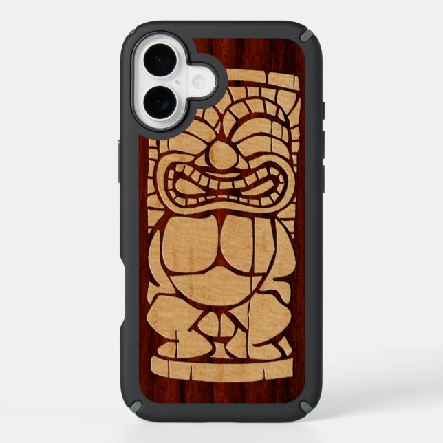 Koa Wood Tiki Ailani Faux Wood Surfboard Speck iPhone Case (Front)