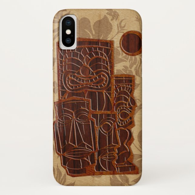 Koa Wood Tiki Sun Faux Wood Surfboard Case-Mate iPhone Case (Back)
