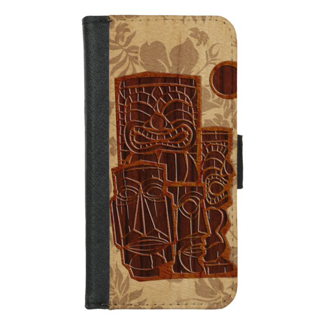 Koa Wood Tiki Sun Surfboard iPhone Wallet Case (Front)