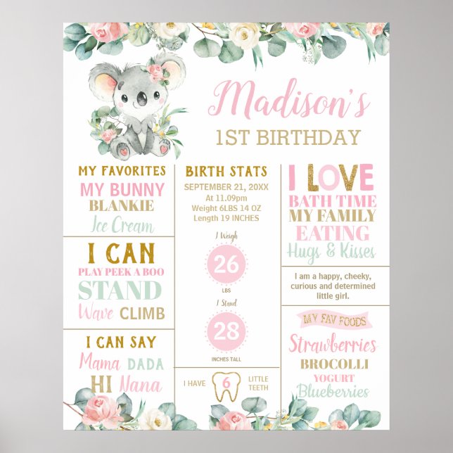 Koala 1st Birthday Milestone Birth Stats Floral Po Poster (Front)