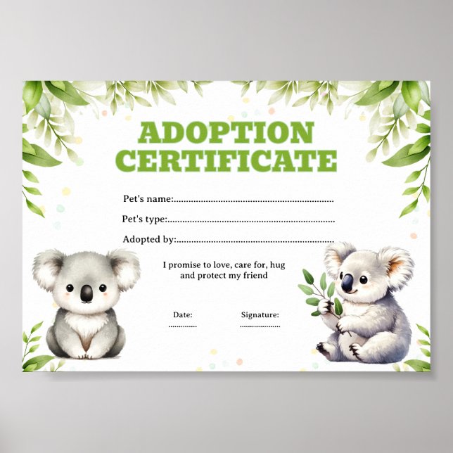 Koala adopt a pet coloring certificate poster (Front)