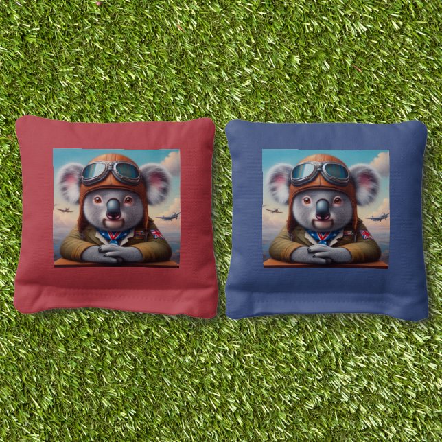 Koala Airplane Pilot Cornhole Bags (Grass)