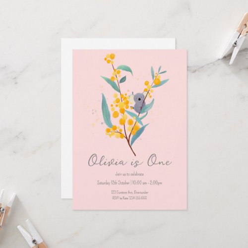 Koala Among the Flowers First Birthday Invite