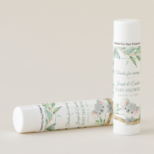 Koala and Eucalyptus Baby Shower Favor Lip Balms (Front)