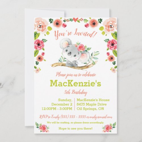 Koala and Floral Birthday Party Invitation