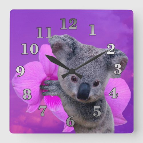 Koala and Orchid Square Wall Clock