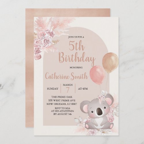 Koala and Pampas Grass Boho kids Birthday Theme Invitation