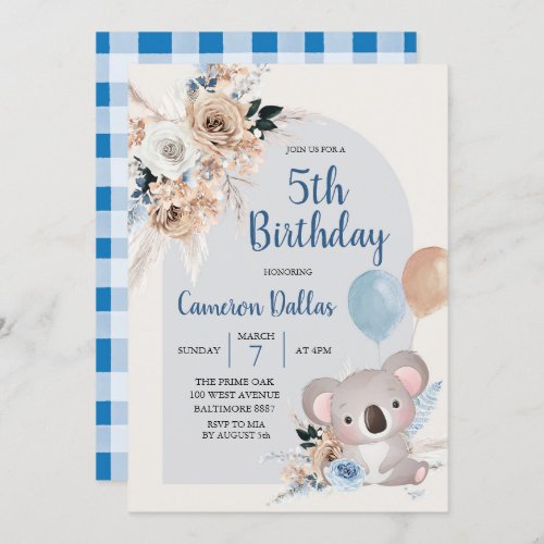 Koala and Pampas Grass Dark Blue Birthday Party Invitation