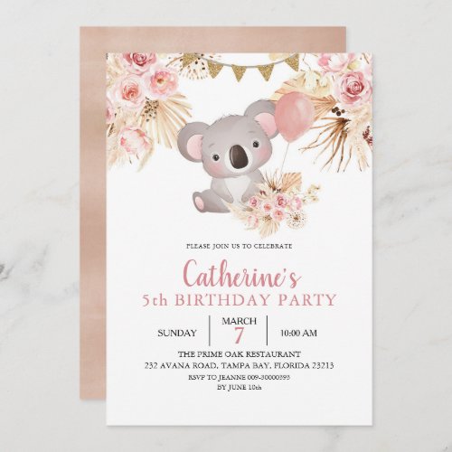 Koala and Pampas Grass Kids Birthday Invitation