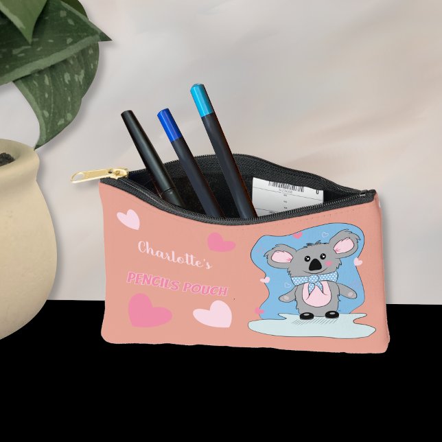 Koala and Pink Hearts Pencil Pouch with Name (This cute cartoon koala pouch is perfect to hold writing supplies .)