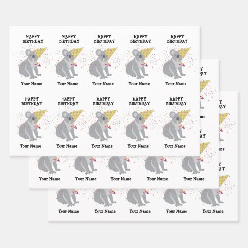 Koala _ Animals Having a Party Boys Girls Name Wrapping Paper Sheets