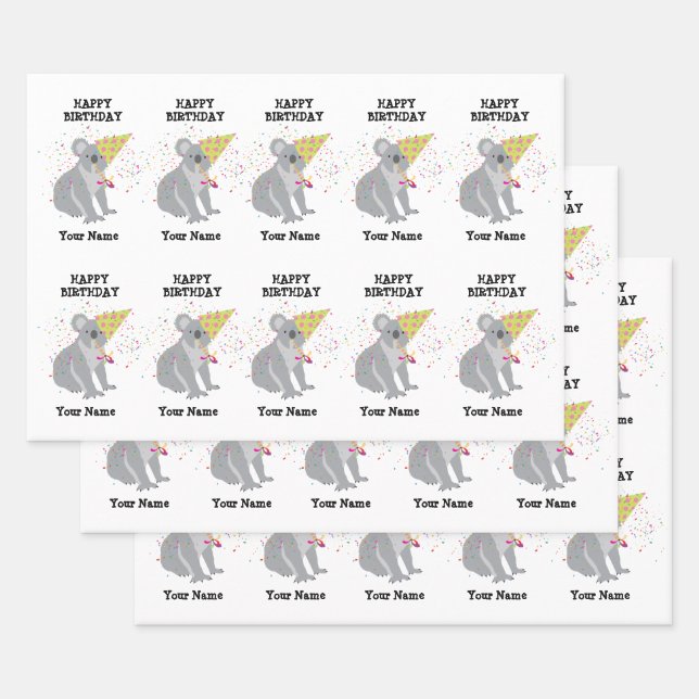 Koala - Animals Having a Party Boys Girls Name Wrapping Paper Sheets (Set)