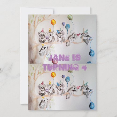 Koala Art Watercolour Girls Birthday Invitation