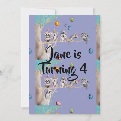 Koala Art Watercolour Girls Birthday Invitation