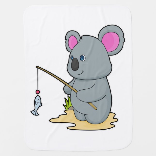 Koala as Fisher with Fishing rod & Fish Baby Blanket (Front)