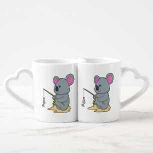 Koala as Fisher with Fishing rod & Fish Coffee Mug Set