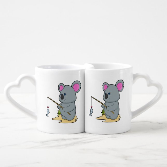 Koala as Fisher with Fishing rod & Fish Coffee Mug Set (Front Nesting)