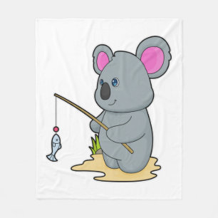 Koala as Fisher with Fishing rod & Fish Fleece Blanket