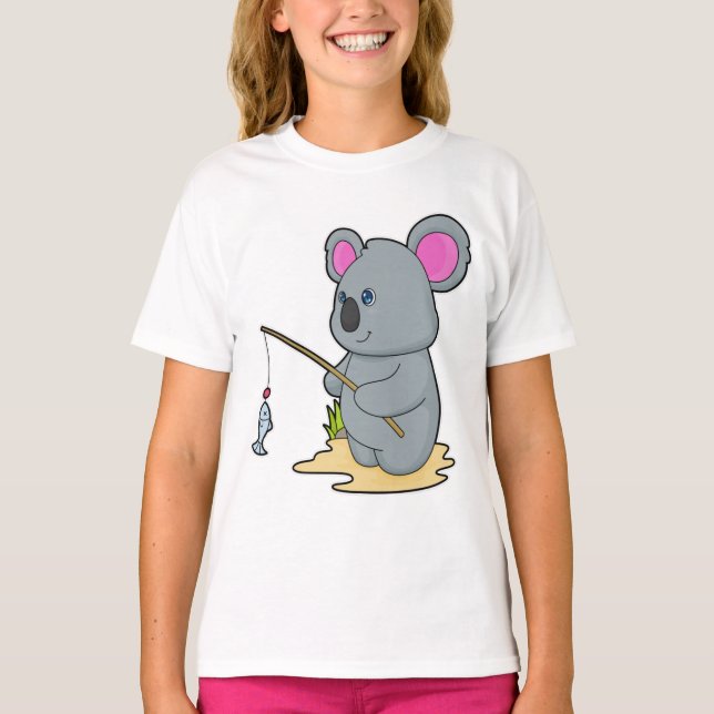 Koala as Fisher with Fishing rod & Fish T-Shirt (Front)