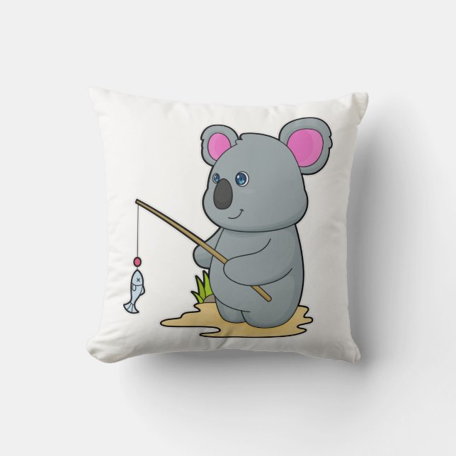 Koala as Fisher with Fishing rod & Fish Throw Pillow (Front)
