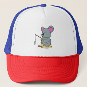 Koala as Fisher with Fishing rod & Fish Trucker Hat