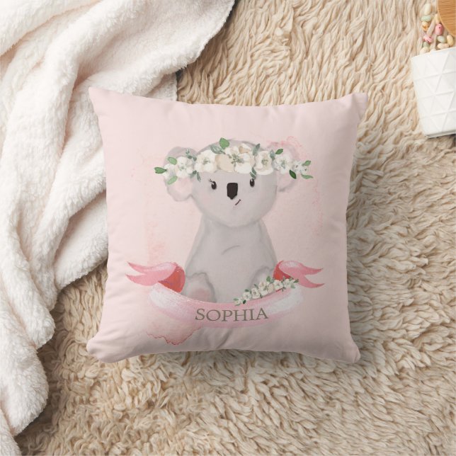 Koala Baby Animal Cute Pink Floral Nursery Throw Pillow (Blanket)