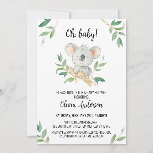 Koala Baby Shower Invitation Watercolor Koala Invitation