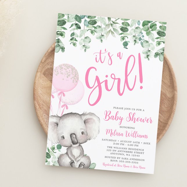 Koala Balloons Eucalyptus Girl Baby Shower Invitation (Creator Uploaded)