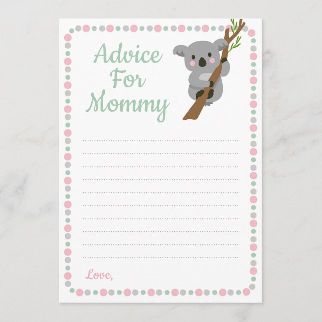 Koala Bear Advice For Mommy Shower Game Pink Girl (Front)