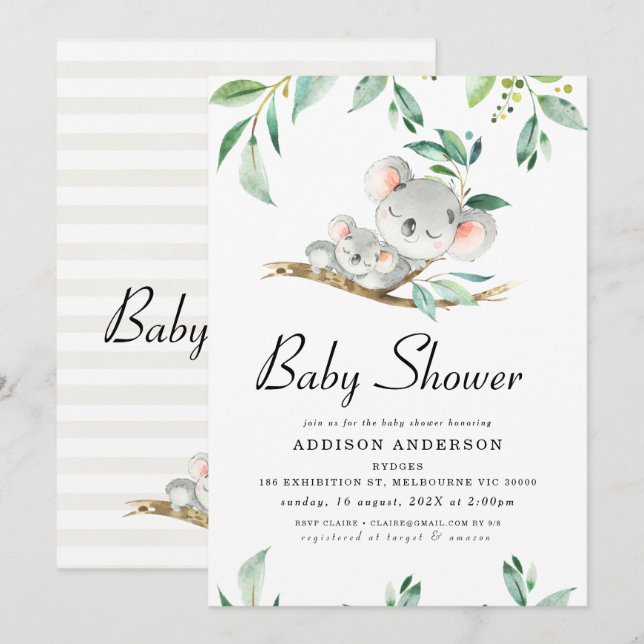 Koala Bear And Foliage Baby Shower Invitation (Front/Back)