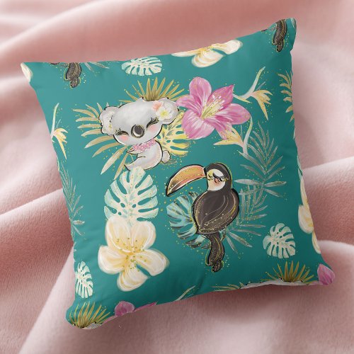 Koala Bear and Toucan Bird Tropical Throw Pillow