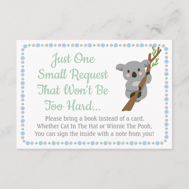 Koala Bear Baby Shower Bring A Book Card Blue Boy (Front)
