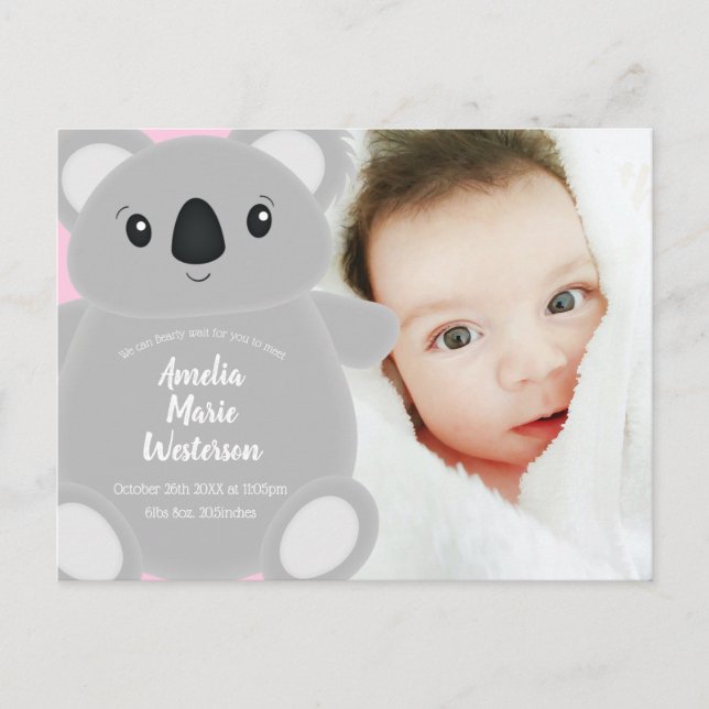 Koala Bear Baby Shower Girl Postcard (Front)