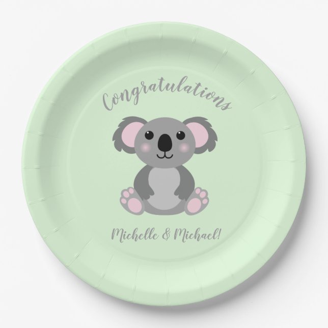 Koala Bear Baby Shower Green Gender Neutral Paper Plates (Front)