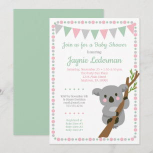 Koala Bear Baby Shower Invitation Pink Mint Girls