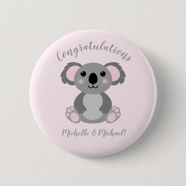 Koala Bear Baby Shower Pink Girl Button (Front)