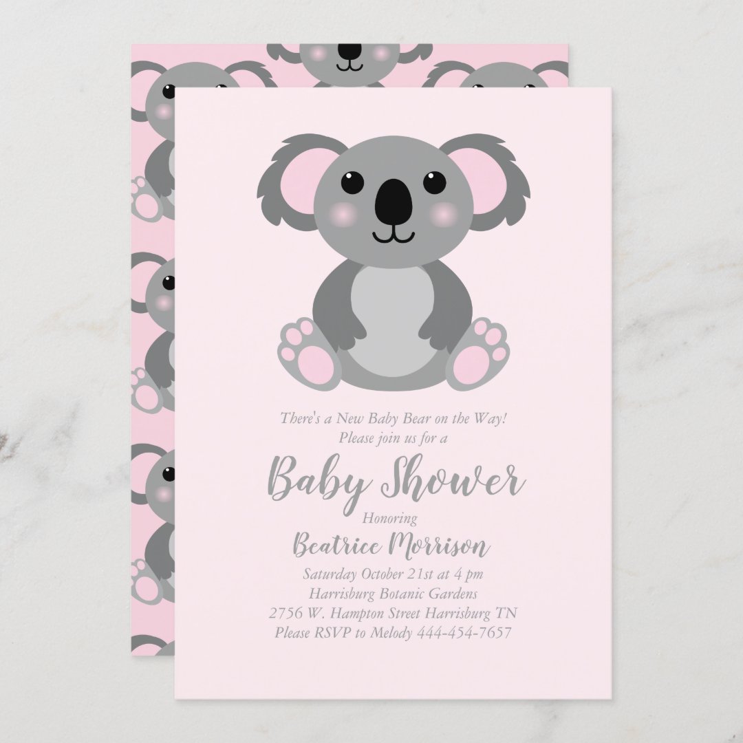 Koala Bear Baby Shower Pink Girl Invitation | Zazzle