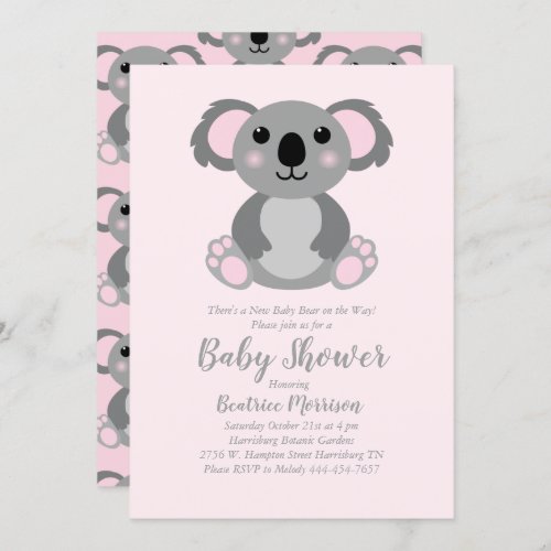 Koala Bear Baby Shower Pink Girl Invitation