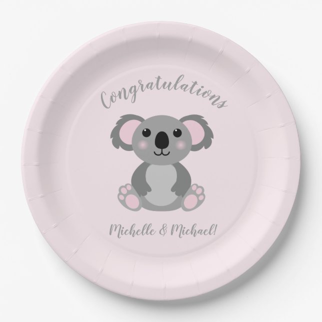 Koala Bear Baby Shower Pink Girl Paper Plates (Front)