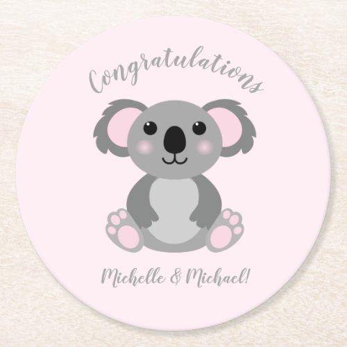 Koala Bear Baby Shower Pink Girl Round Paper Coaster