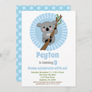 Koala Bear Blue Birthday Party Invitation