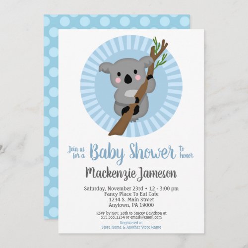Koala Bear Blue Boys Baby Shower Invitation