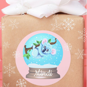 Koala bear cute snow globe pink girly  classic round sticker