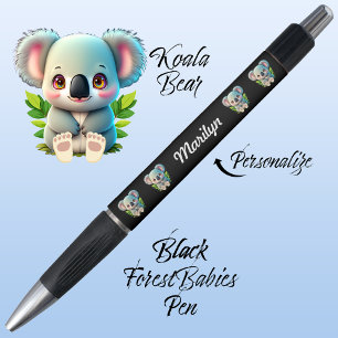 Koala Bear, Cute Whimsical Woodland Animal Black Pen