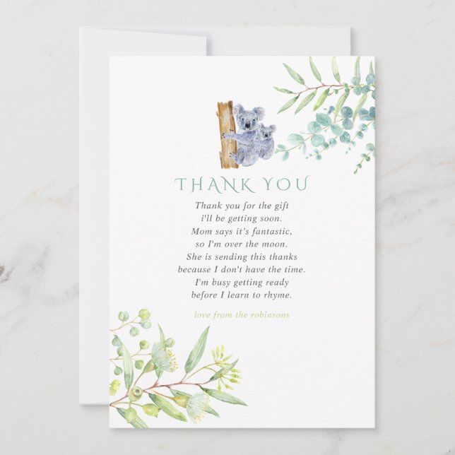 Koala Bear Eucalyptus Leaves Baby Shower Thank You Card (Front)